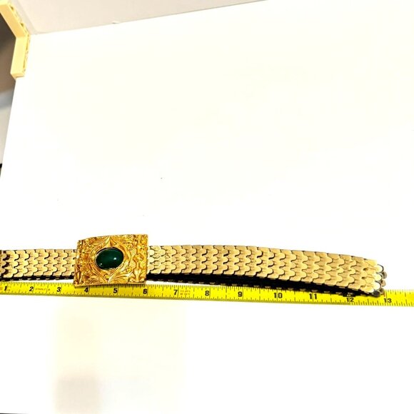 Gold-Tone Vtg  Mermaid Scale Stretch Belt Faux Green Gem Buckle 29" Adjustable - Picture 3 of 8
